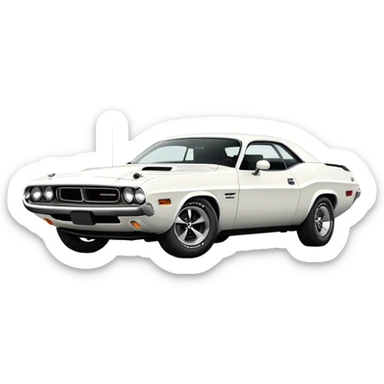 Sleek white 1971 Dodge Challenger, simplified design, complete white color scheme, slight angle showing front and side, detailed but minimalist, iOS emoji style sticker