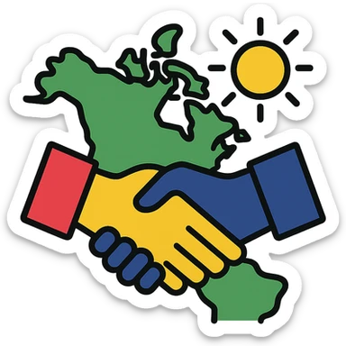 business handshake over a map of North America with sun in the background, symbolizing collaborative summer internship at Ipsos sticker