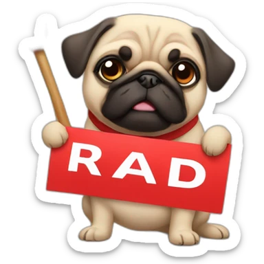 anime pug holding a sign that reads "RAID" in bright red font sticker