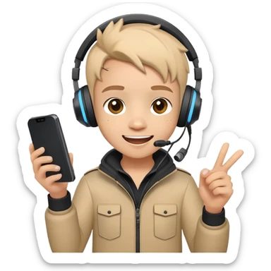 Cute cartoon character with gaming headset holding a mobile phone playing Free Fire, with excited eyes and happy expression sticker