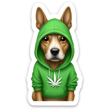Dog wearing a hoodie with cannabis leaf pattern  sticker