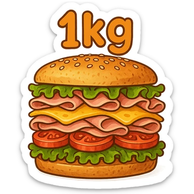 giant sandwich with '1kg' written in a playful, bouncy font sticker