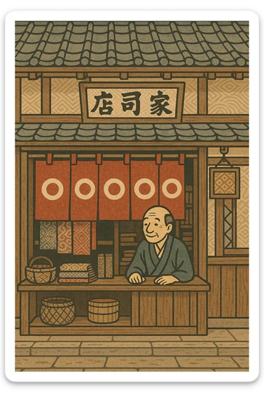 Japanese traditional fabric noren curtain, red cloth with white circle pattern, old-fashioned shop atmosphere, Japanese style sticker