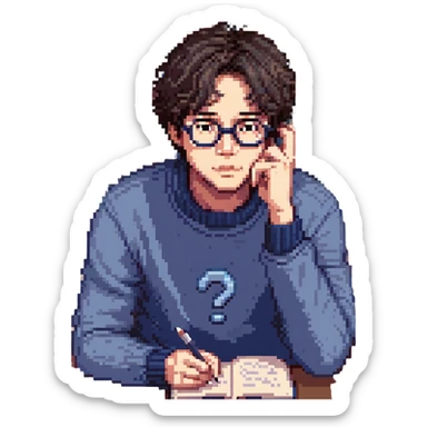 Flat pixel are, calm and curious male thinker, light skin, short tousled dark hair, round glasses, focused expression, wearing an indigo sweater, seated at a desk with open books and a floating question mark above his head, one hand resting under his chin in thought, waist-up, front-facing sticker