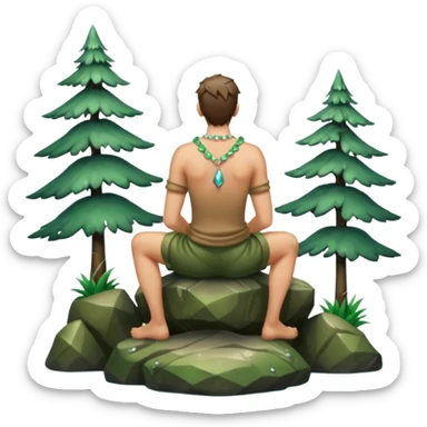 full body forest hunter man, from behind sitting on rock, wet back, crystal necklace visible sticker