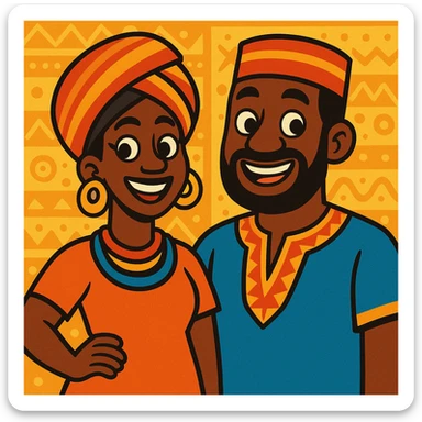African parents, lively expressions, cultural details, playful toon style sticker