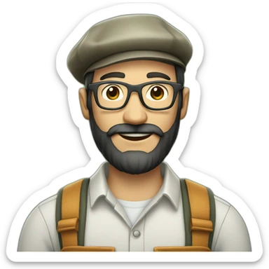 full body of an happy gardener face long dark beard and short dark hair with little transparent glasses and a beret sticker