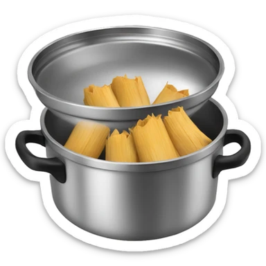 Stainless steel pot with black handlers, tamales inside sticker