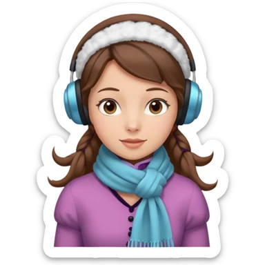 Victorian ice skater in a long dress. She is wearimg a scarf and earmuffs. She has boriwn hair. sticker