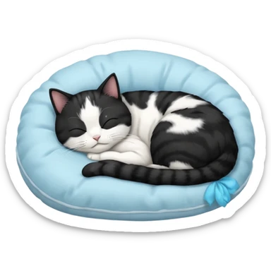 tuxedo short haired cat with his eyes closed sleeping in a lightblue pillow sticker