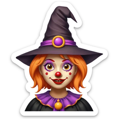 a woman travels in another country by wearing a witch hat and clown face sticker