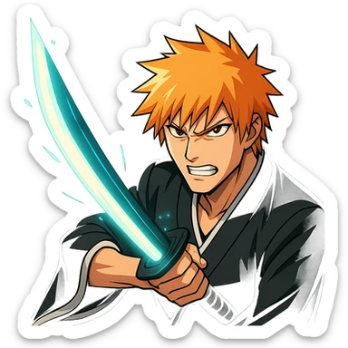 Ichigo Kurosaki from Bleach, fierce expression, wielding Zanpakuto with glowing sword effect, subtle animation with sword glowing and energy pulsing, modern sharp anime style, bold colors, clean lines, slightly futuristic, optimized for chat emoji sticker