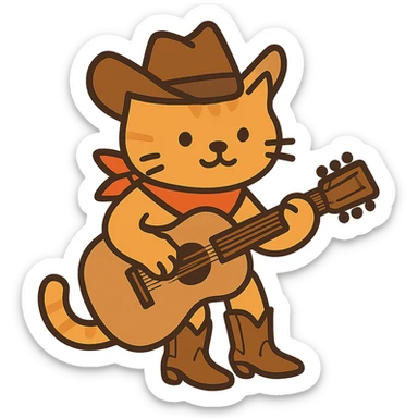 flat toon orange cowboy cat strumming an acoustic guitar, wearing cowboy boots and a bandana sticker