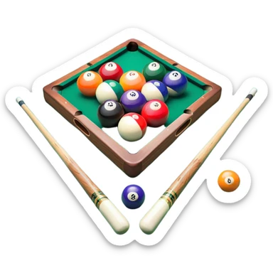 Two crossed pool cues resting on a billiard table, with colorful billiard balls scattered across the surface. The background features the felt of the table, creating an inviting atmosphere for a game of precision and strategy sticker