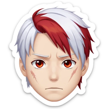 Shoto Todoroki face only, left side white hair, right side red hair, heterochromatic eyes, burn scar on left side of face, serious expression sticker
