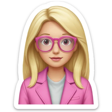 Portrait of Blond woman with long hair, wearing pink jacket and pink glasses sticker