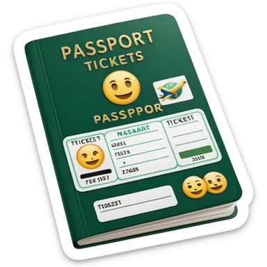 open white passport with embedded airline tickets, dark green details on tickets and passport, emoji style sticker