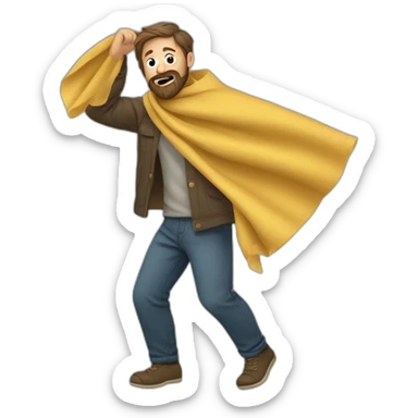 bearded man throwing fabric over shoulder in shame sticker