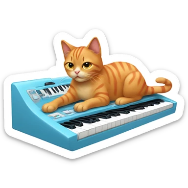 tan-red cat wearing a light-blue t-shirt taps musical keyboard sticker