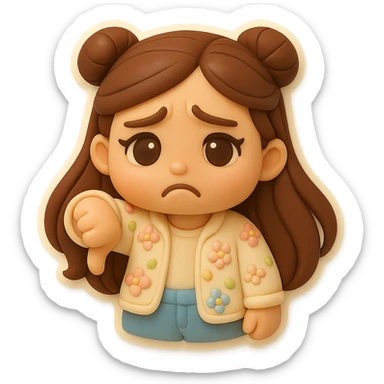 3D chibi fondant cake art style, high-quality rendering with smooth shadows and soft gradients. Girl based on reference image (preserve facial features), long brown hair in two space buns, brown eyes, jeans, pastel floral cardigan, thick white outline like a sticker, transparent background. Thumbs down, disappointed expression. Make sure her appearance matches previous stickers. sticker