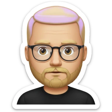 bald blonde bearded man with eyeglasses with black shirt sticker