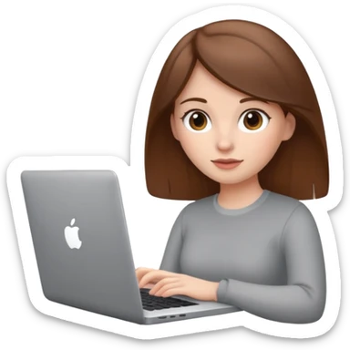 memoji of a brown hair white skin female with a grey laptop in front, apple-style, modern sticker