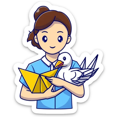 Ukrainian young girl with brown hair wearing a white embroidered shirt holds an origami yellow-blue crane sticker