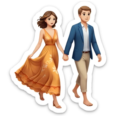Elegant girl with a beautiful flowy dress and man walking on the beach together in Montenegro sunset holding hands  sticker