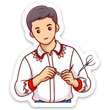 Ukrainian young man in a white embroidered traditional shirt holding a red thread with a needle and pliers sticker