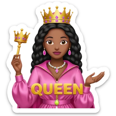Crear una reina morena clara con ropa rosa sosteniendo la palabra Queen en sus manos sticker