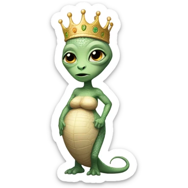 Pregnant reptilian alien woman, full body, have a crown sticker