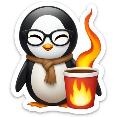 Illustrate a calm penguin with prescription glasses, holding a coffee cup, surrounded by flames. The cat has a relaxed expression with closed eyes, unfazed by the fire. sticker