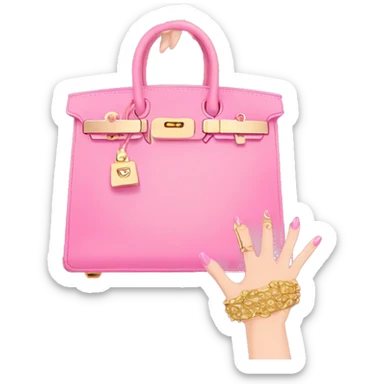 hand with gold nails holding pink birkin bag sticker
