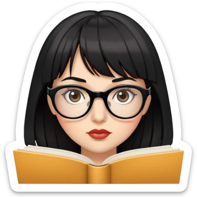 A woman with bangs and black hair , big brown eyes and full lips , glasses on , big lashes , reading  sticker