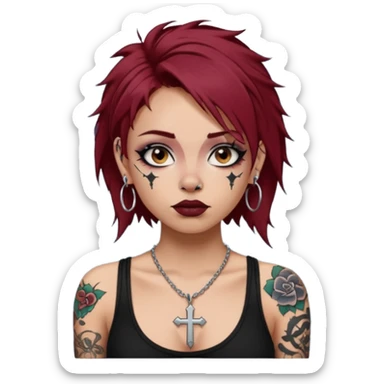 generate an ios genmoji of a girl with dark red messy hair with eyeliner on. septum piercing, wearing a cami black top, has tattoos, on shoulders. ear piercings. wearing a cross silver necklace sticker