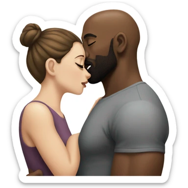 White girl brunette kissing muscular black bald man with beard sticker