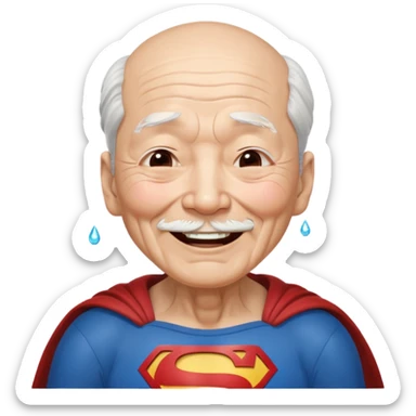 Chinese elderly dressed as Superman laughing exeedingly with closed eyes and tear drops sticker