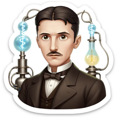 Nikola Tesla – Cinematic Realistic Portrait of Nikola Tesla, depicted as a visionary inventor with intense, thoughtful eyes and period attire, surrounded by subtle arcs of electric light and early laboratory apparatus, rendered with dramatic lighting that evokes mystery and innovation. sticker