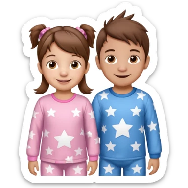 A toddler girl with brown hair with two pig tails, wearing pink pajamas with white stars on them. With a 4 year old boy with spikey brown hair, wearing blue pajamas with white stars on them. Both light skin and smiling. sticker