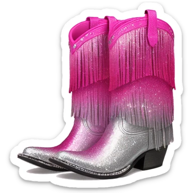 Realistic hot pink to silver ombre pair of fashion cowgirl boots with sparkly shiny glitter fringe on them. sticker