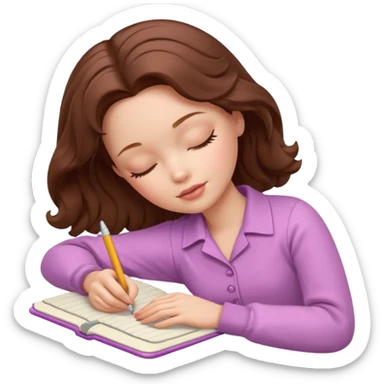 White Barbie girl dark Chestnut bob wavy hair sleeping with In pale creamy color clothes, he writes in a notebook sticker