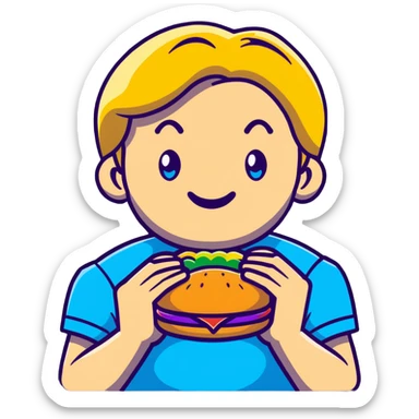 Young blonde guy with blue eyes from LGBT community eating McDonald's burger, rainbow pride details sticker