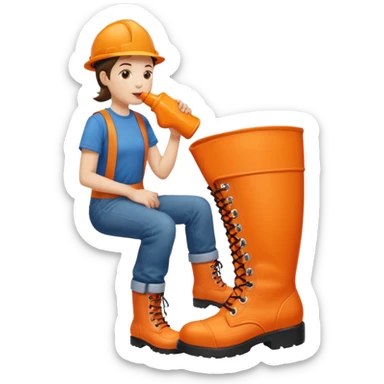 Person licking a large orange work boot sticker