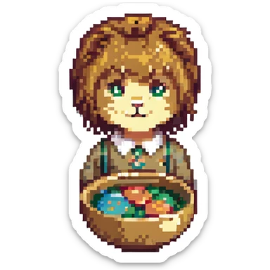 lion with a bowl haircut, straight bangs, cute and expressive, pixel art style sticker