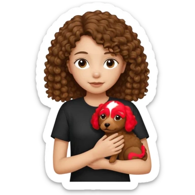 A girl with shoulder-length hair, dressed in a black tee, gently holding a curly-haired brown dog in her arms." sticker