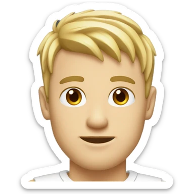 white man with clear skin with fringe up blonde hair style brown eyes and white t shirt with laptop sticker