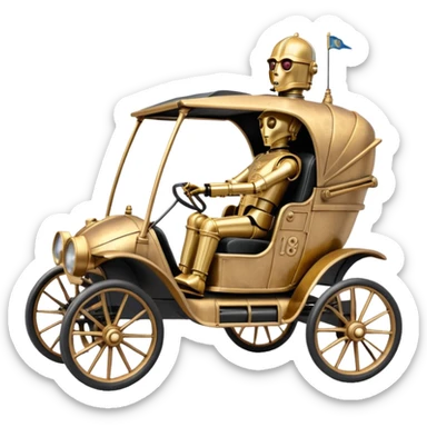 Old American West tarnished C-3PO policeman in 1864 delicately ornate rosegold accents painted buggy powered by electric motors and batteries with safety features and belts flying rapidly across rough terrain  sticker