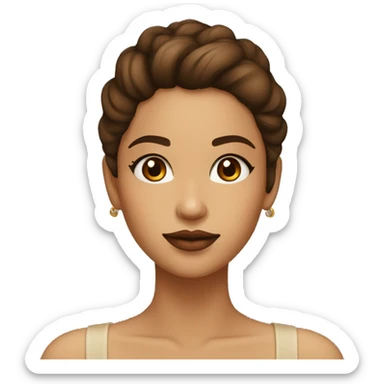 Chica con el pelo largo y castaño oscuro ojos marrones y top beige y labios color natural sticker