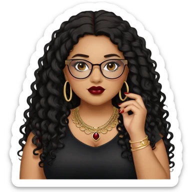 teen big plus size, latina, darker tan skin, gold jewelry, long black curly hair, baddie,pretty, makeup, dark red lipgloss, black eyeliner, long hair, black top, black glasses sticker