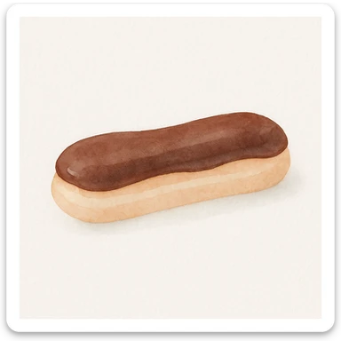 watercolor style soft colors éclair au chocolat with chocolate glaze, French pastry sticker